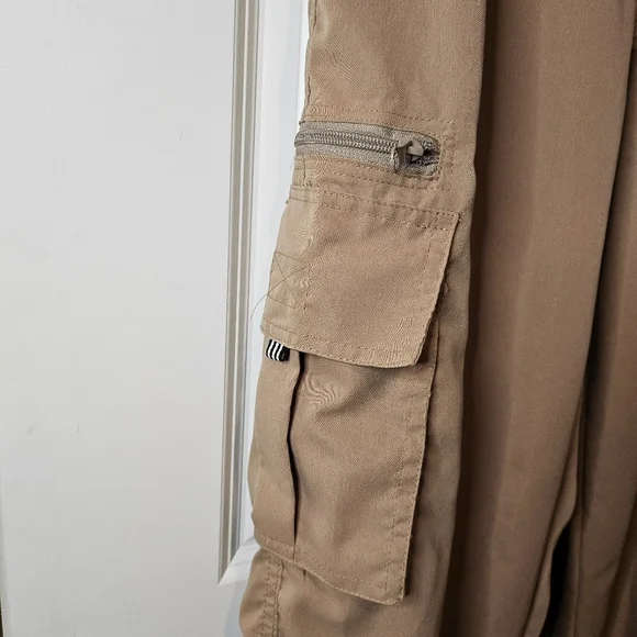 Tan Straight Leg Cargo Pants Elastic Waist Utility Pockets Casual Streetwear 31 - Picture 5 of 13